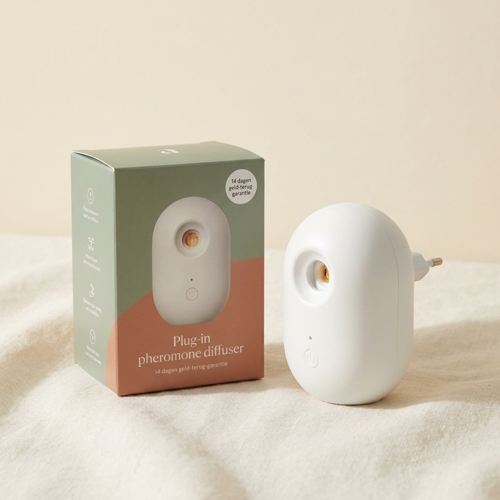 Kalmerende feromoon diffuser met doos en 14-dagen garantiebadge